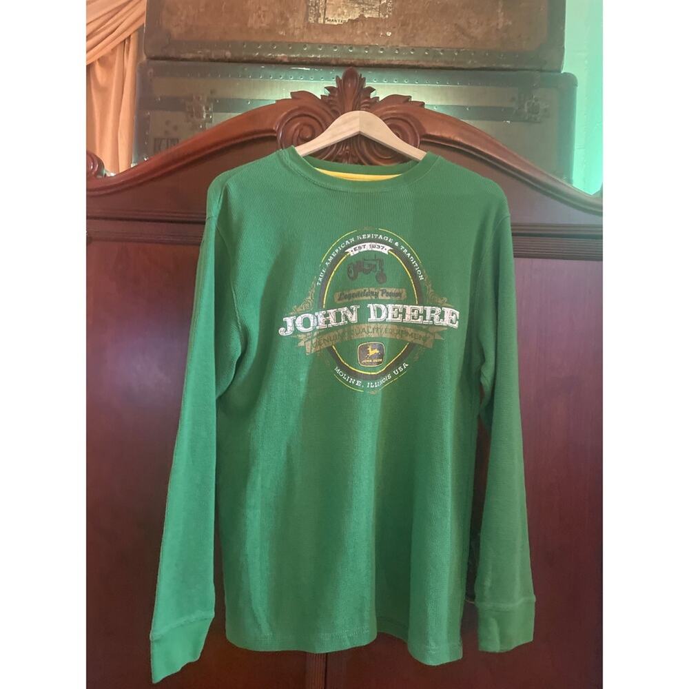 John Deere Mens Green Waffle Knit Thermal Long Sleeve Graphic Shirt Size Medium
